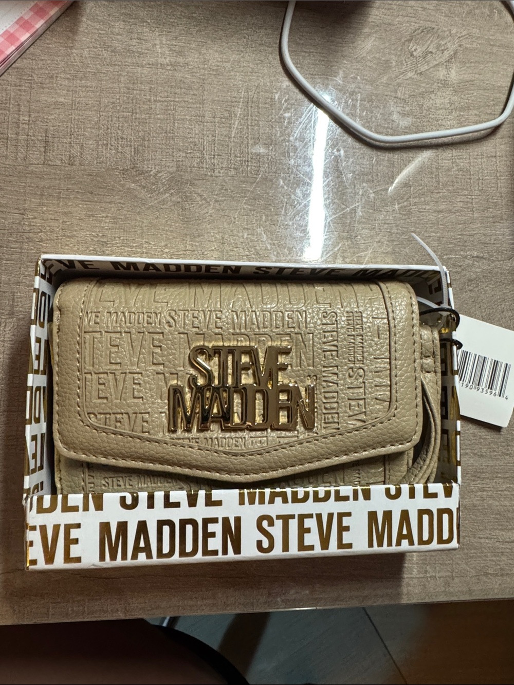 Steve Madden Taupe Embossed Logo Wallet with Gold Hardware